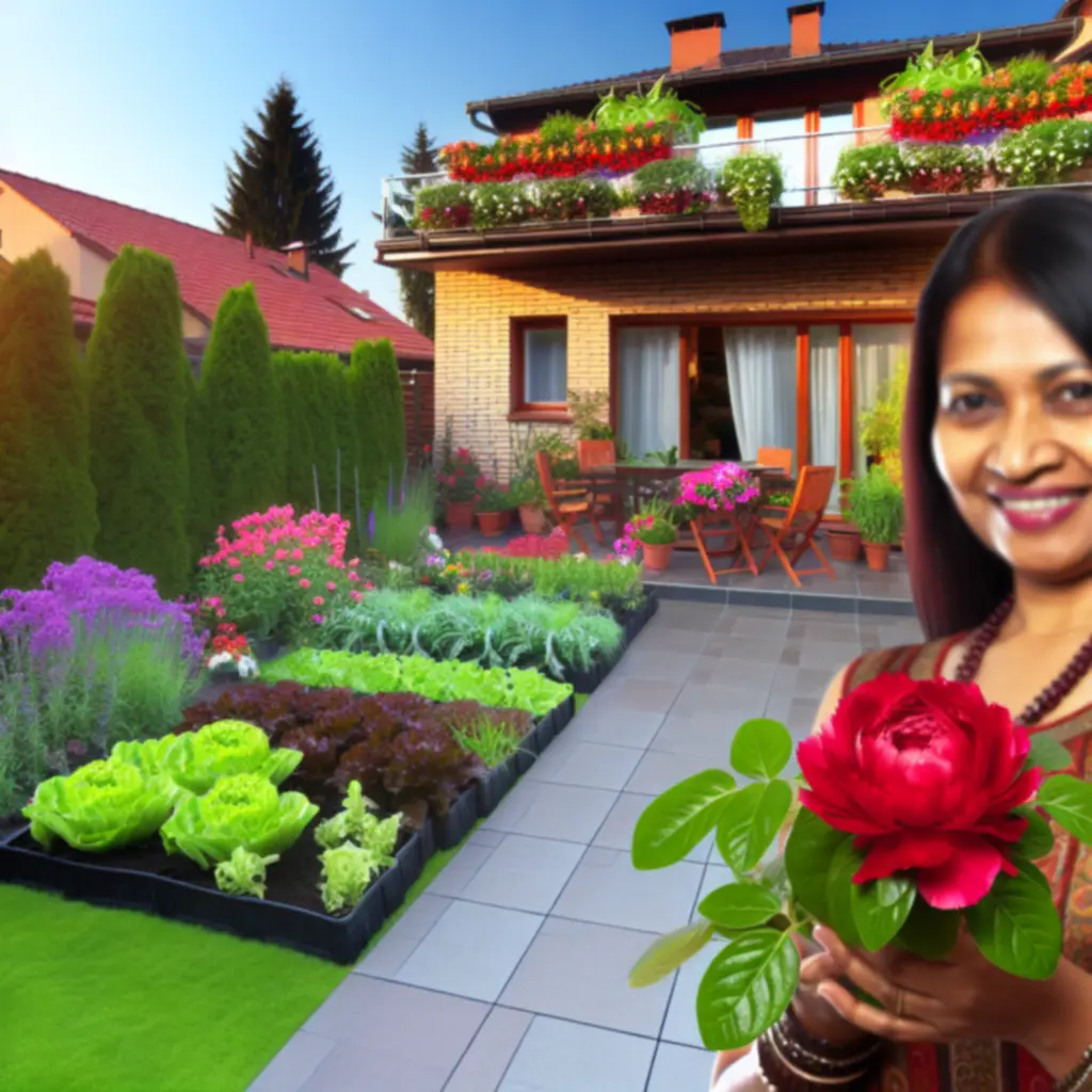 Kolaż zdjęć ogrodów klientów pokazujący bujną roślinność i dodatki ogrodowe