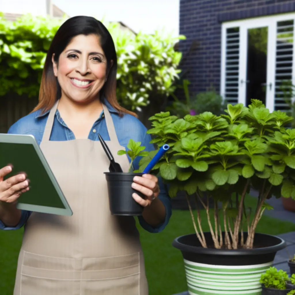 Zadowolona klientka w zadbanym ogrodzie oglądająca rośliny.