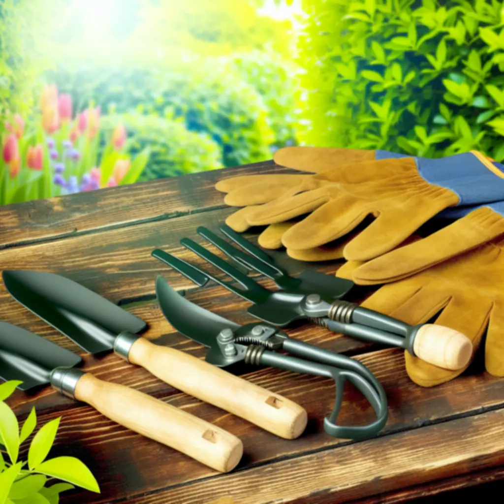 Zestaw ekologicznych narzędzi ogrodniczych ułożonych na drewnianym stole w otoczeniu zieleni.