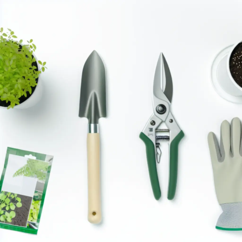 Płaski układ narzędzi ogrodniczych i akcesoriów na naturalnym tle