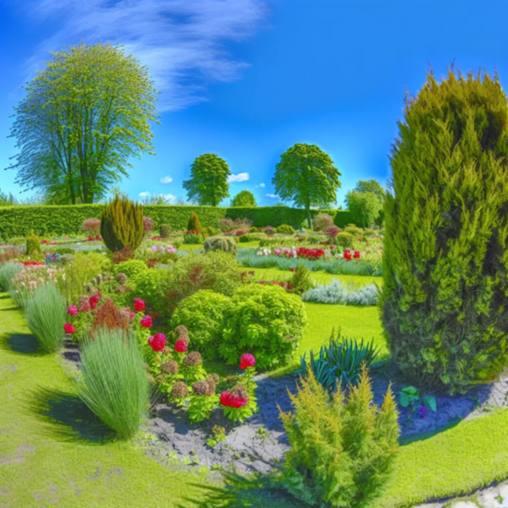 Lśniący, zielony ogród z bujną roślinnością i przytulną przestrzenią wypoczynkową