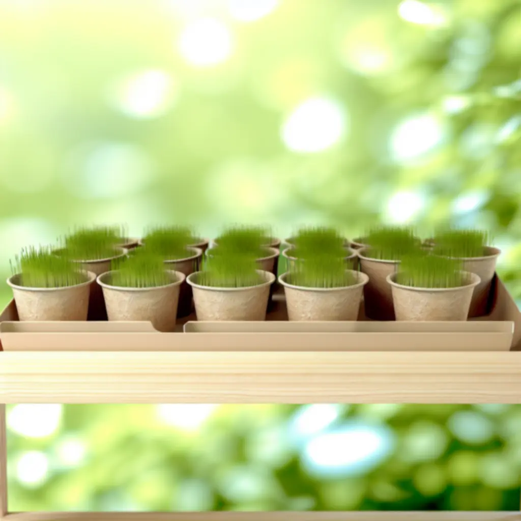 Młode siewki w małych doniczkach ustawionych na jasnym blacie.