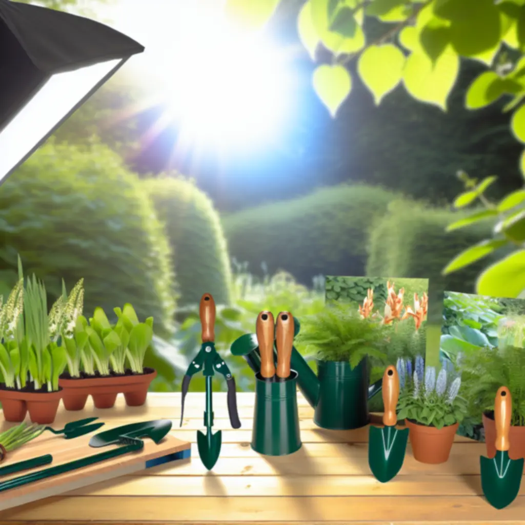 Nowe produkty ogrodnicze, w tym innowacyjne narzędzia i rośliny, ułożone na stole roboczym