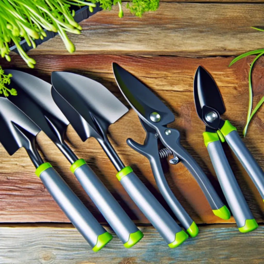 Zestaw ręcznych narzędzi ogrodniczych na tle zadbanego polskiego ogrodu