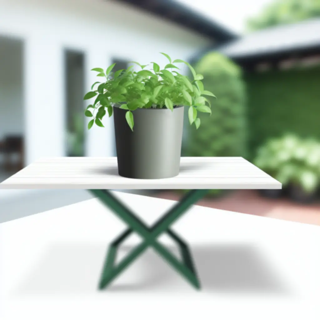 Elegancka donica z rośliną ustawiona na drewnianym stoliku w jasnym wnętrzu.