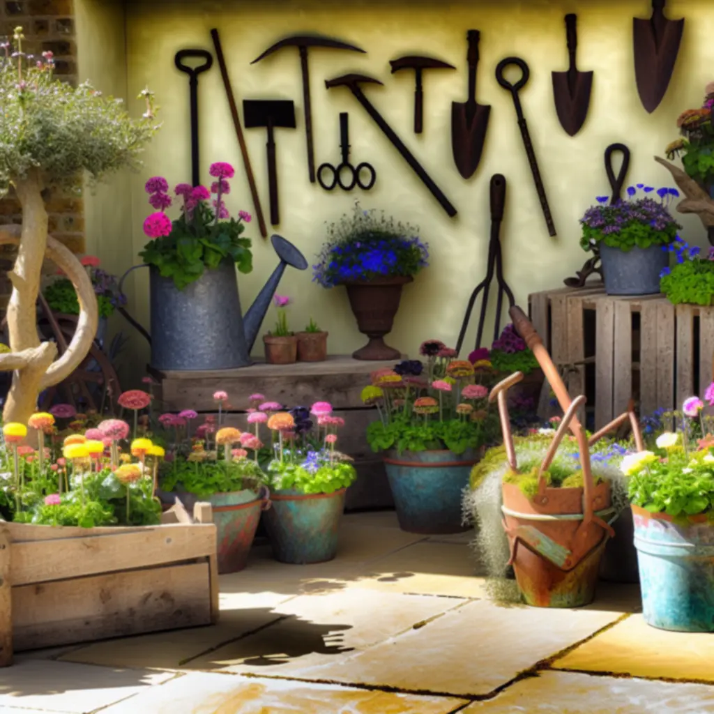 Sezonowa aranżacja ogrodu z kwitnącymi roślinami, donicami i akcesoriami.