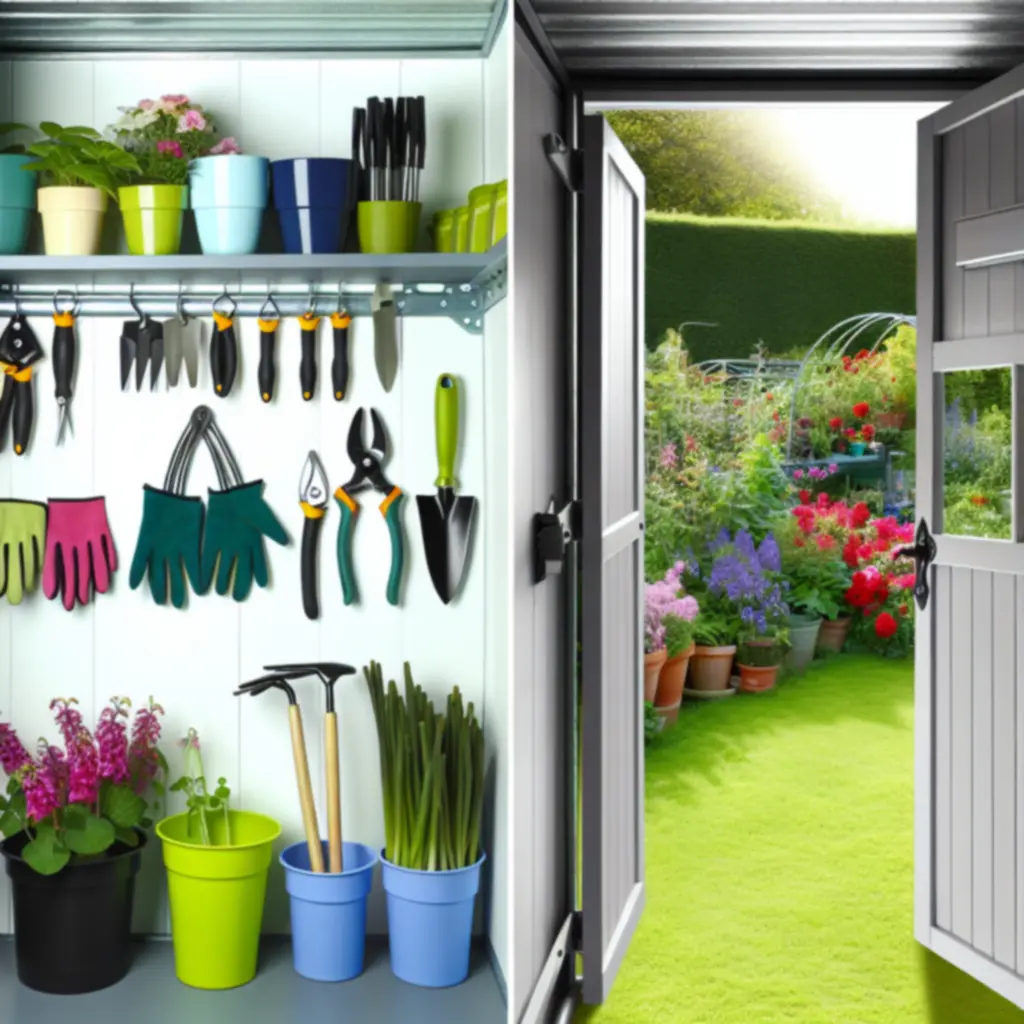 Zestaw sezonowych narzędzi ogrodniczych na drewnianym stole w otoczeniu zieleni.