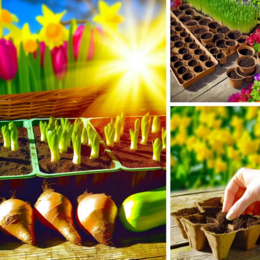 Produkty do wiosennych nasadzeń: sadzonki, cebulki kwiatowe i nawozy ułożone na stole.