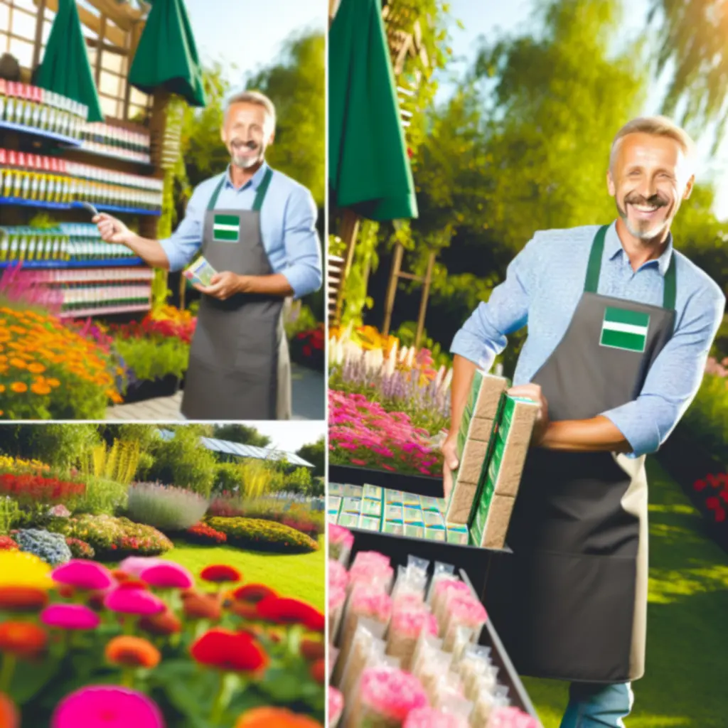 Ogrodnik trzymający polecane narzędzia ogrodnicze w bujnym ogrodzie.