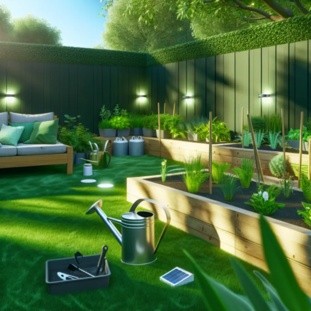 Letnia aranżacja ogrodu z meblami ogrodowymi i bujną roślinnością.